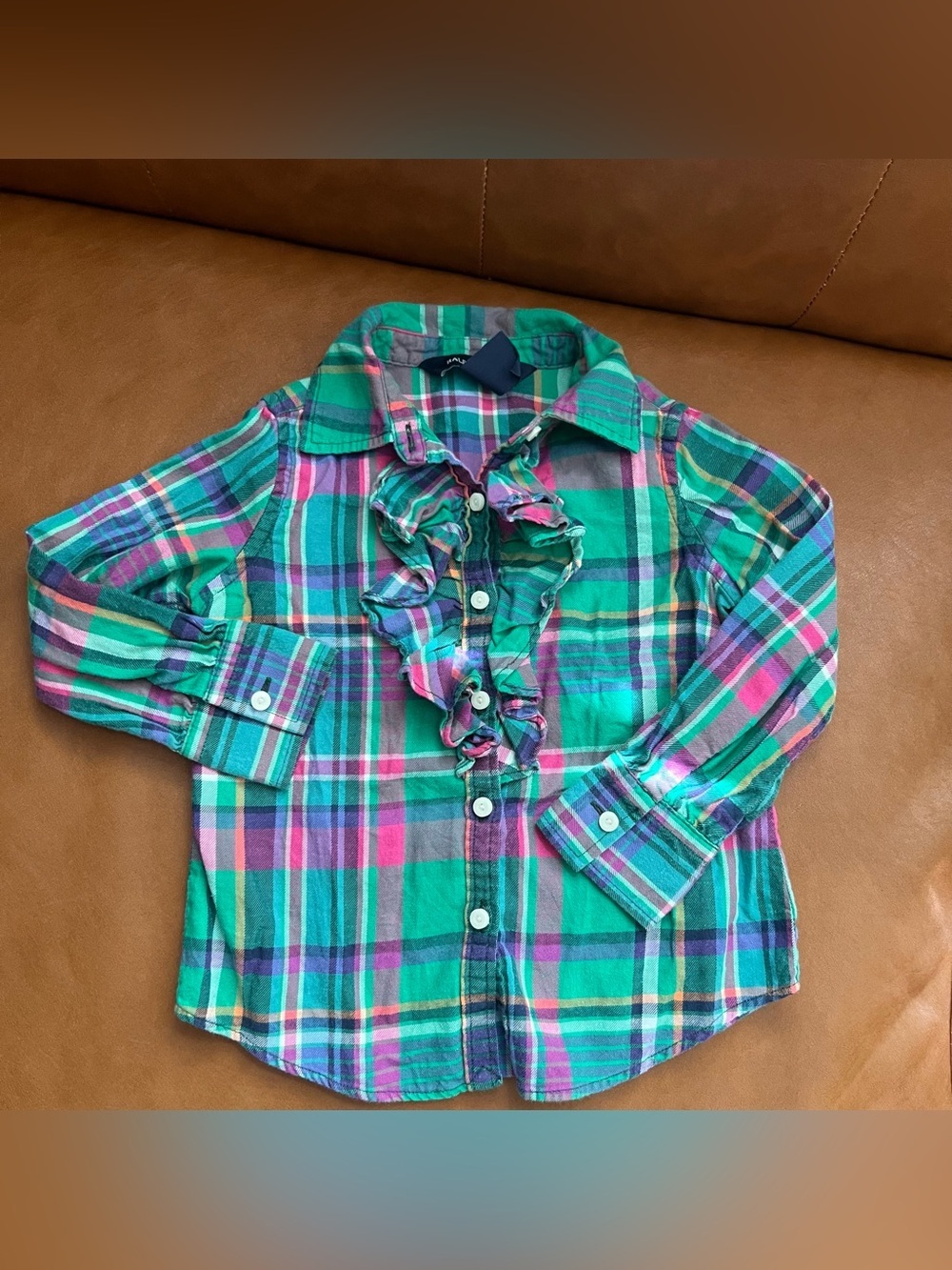 Ralph Lauren Toddler Girls Sz 2T Flannel Jabot Plaid Ruffle Button-Down Shirt